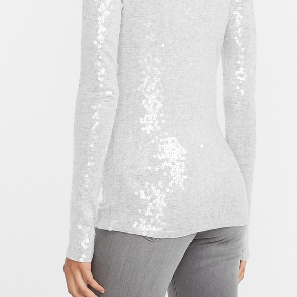 New Express Sequin Mock Neck Long Sleeve Tee Light Grey XS - Picture 8 of 13